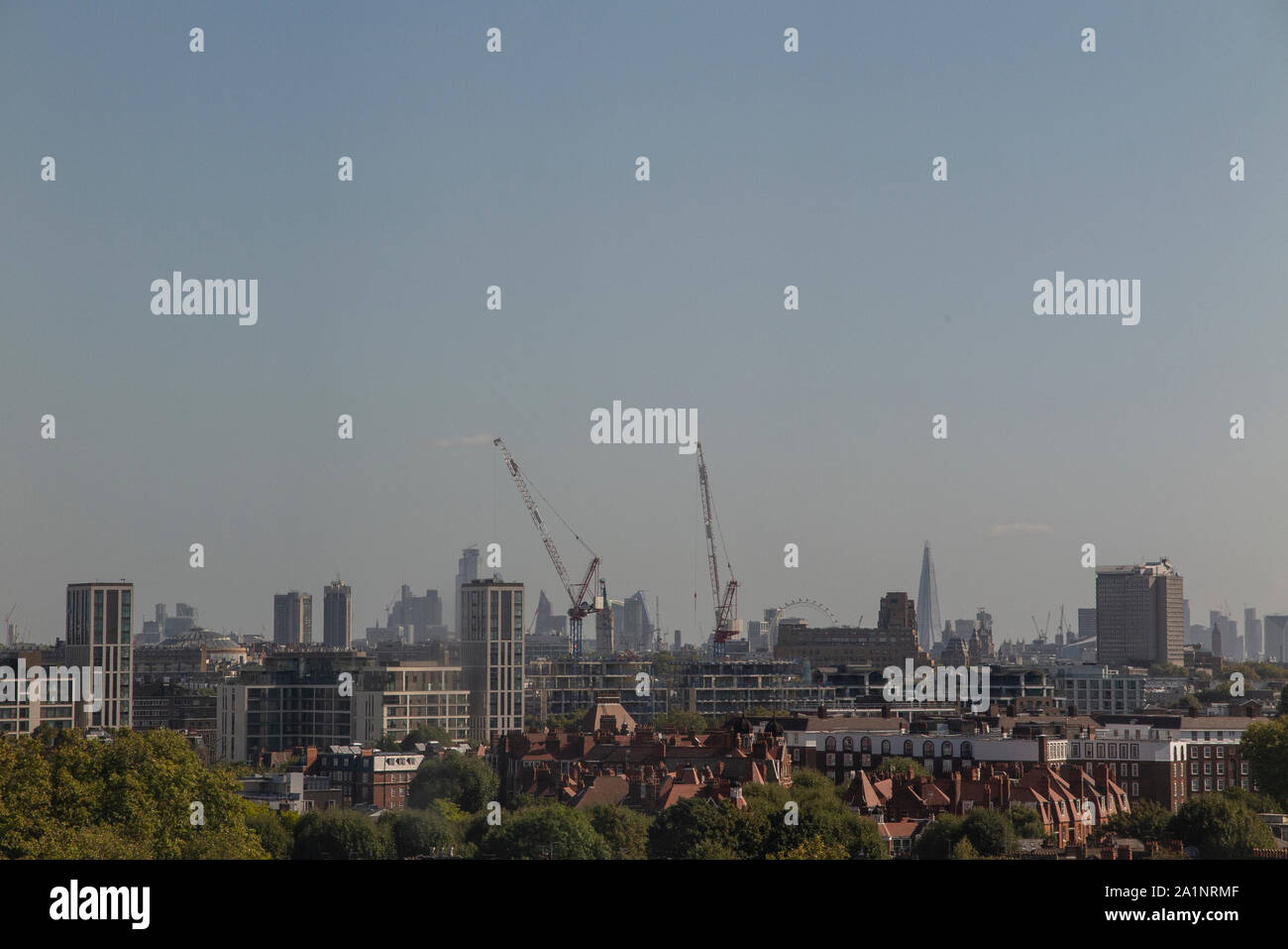 A long distance view of the skyline of the high rise buildings of ...