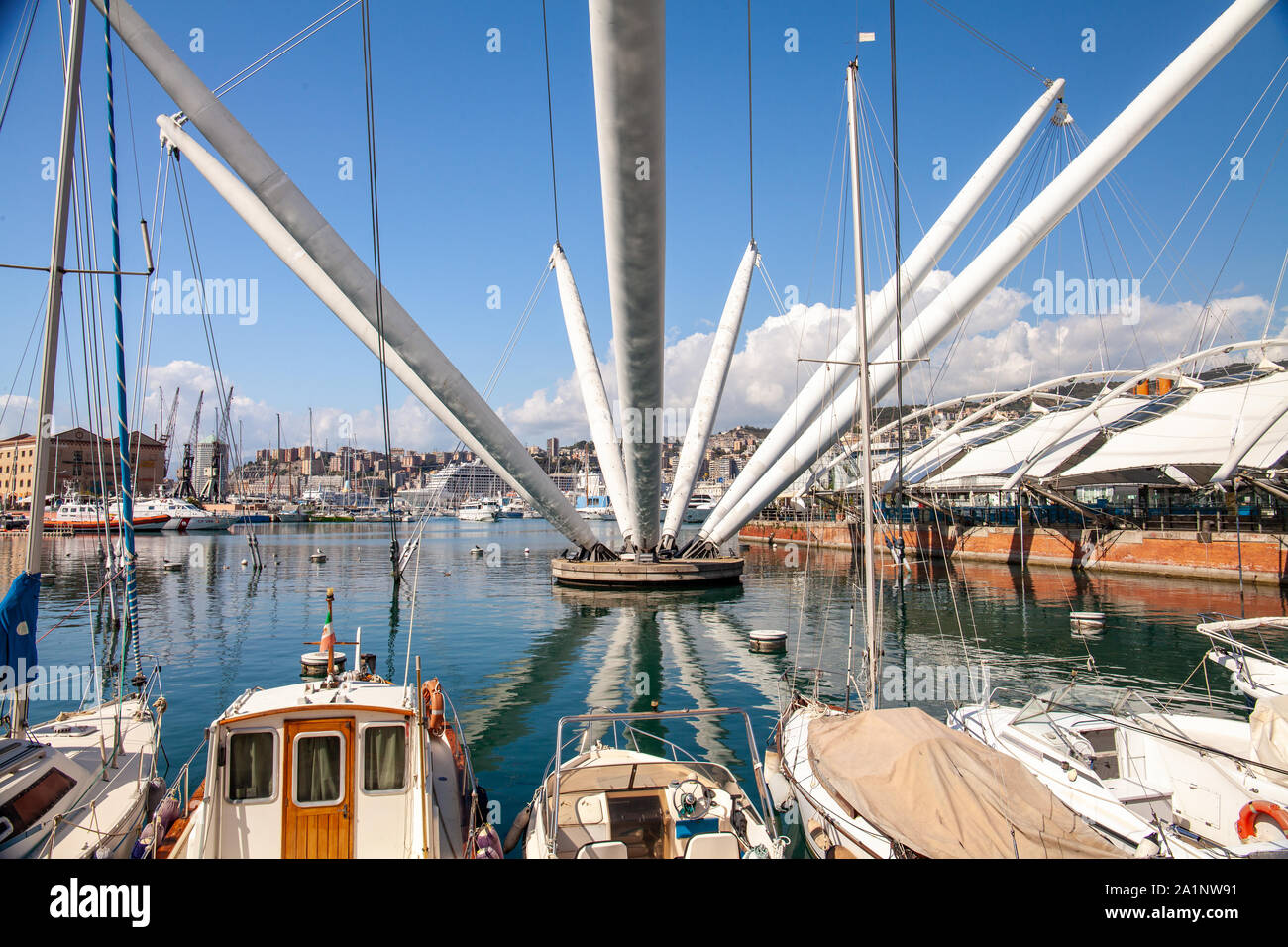 view of the Bigo structure designed by the architect Renzo Piano. Visible landmarks: Porto Antico district, Piazza delle Feste, Genoa aquarium Stock Photo