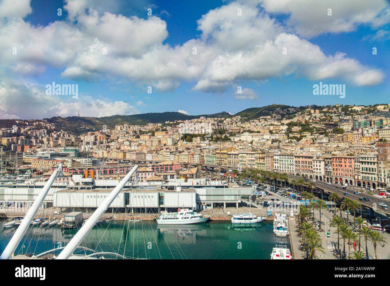 Panoramic view of Genoa Italy. Visible landmarks: Porto Antico, Genoa Aquarium, Calata Falcone e Borsellino, Ponte degli Spinola Stock Photo