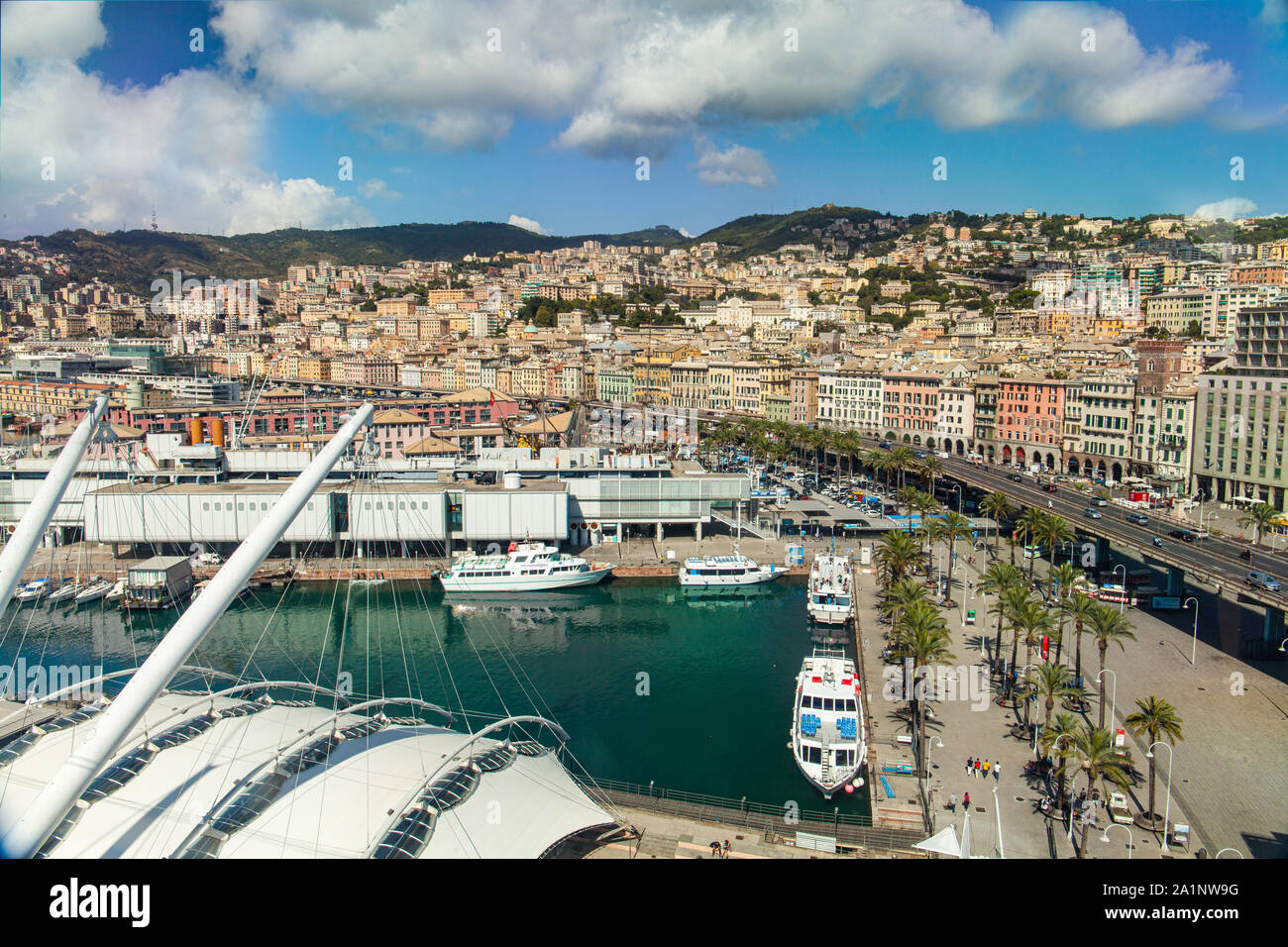 Panoramic view of Genoa Italy. Visible landmarks: Porto Antico, Genoa Aquarium,   Calata Falcone e Borsellino, Ponte degli Spinola, Piazza delle Feste Stock Photo