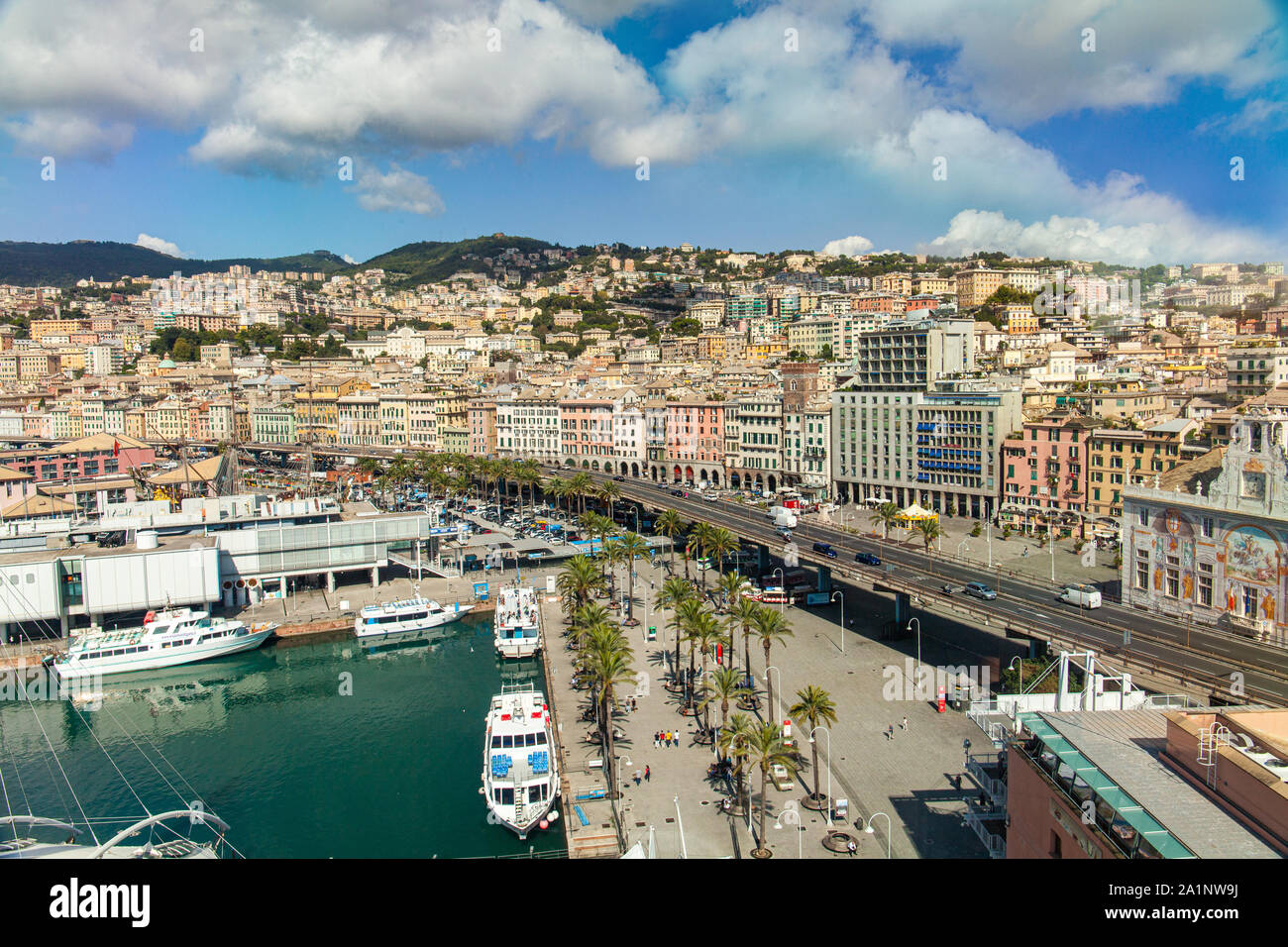 Panoramic view of Genoa Italy. Visible landmarks: Porto Antico, Calata Falcone e Borsellino, Genoa Aquarium, Palazzo San Giorgio Stock Photo