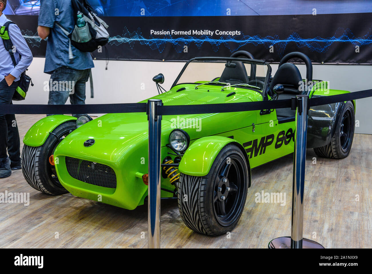 FRANKFURT, GERMANY - SEPT 2019: greem CATERHAM 7 small sport roadster, IAA International Motor Show Auto Exhibtion. Stock Photo
