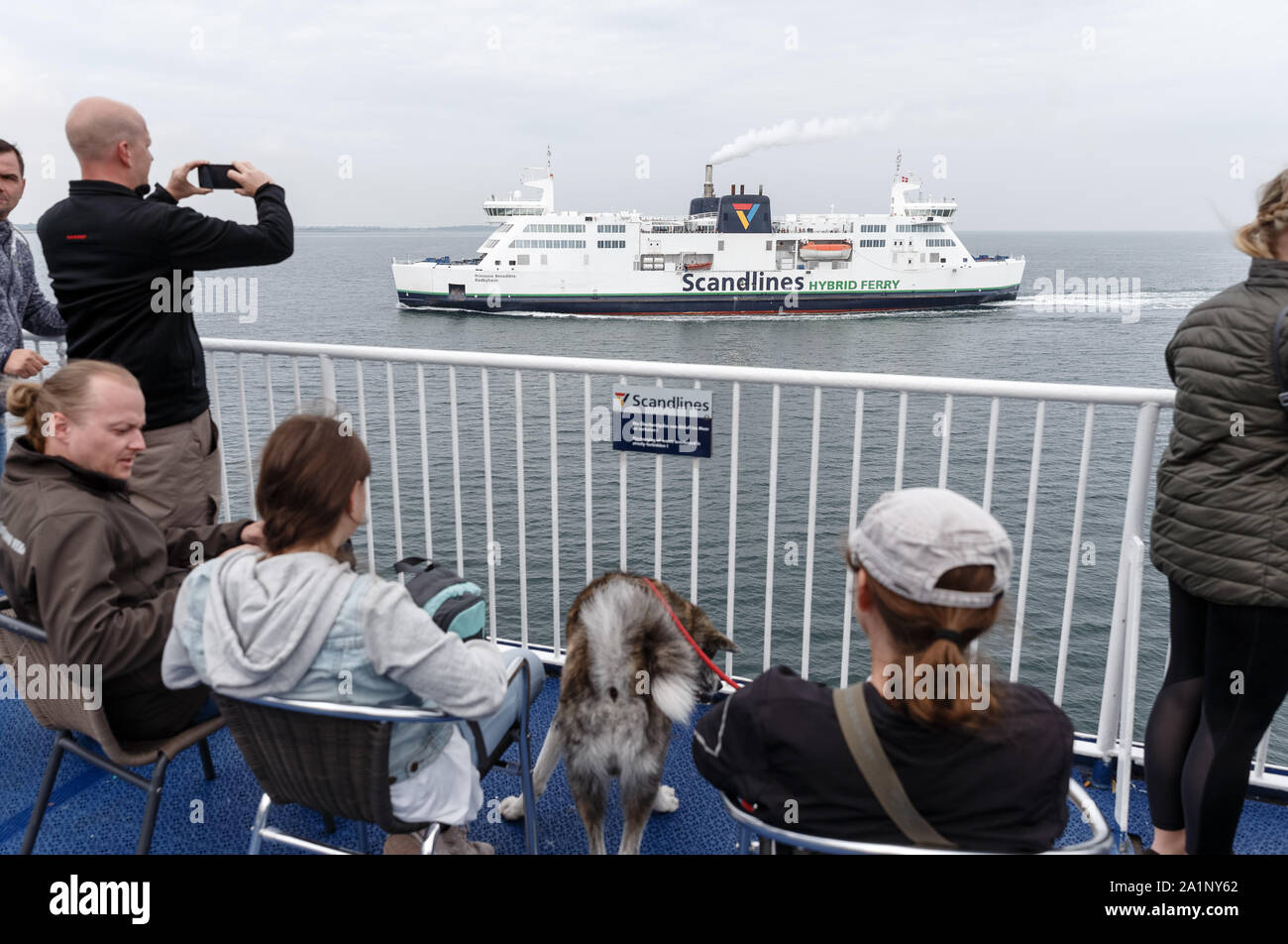 01 August 2019, Schleswig-Holstein, Puttgarden: The Scandlines ferry Prinsesse Benedikte runs on the Baltic Sea from Rödby to Puttgarden. Tunnel construction on this line is currently being planned. Photo: Markus Scholz/dpa Stock Photo