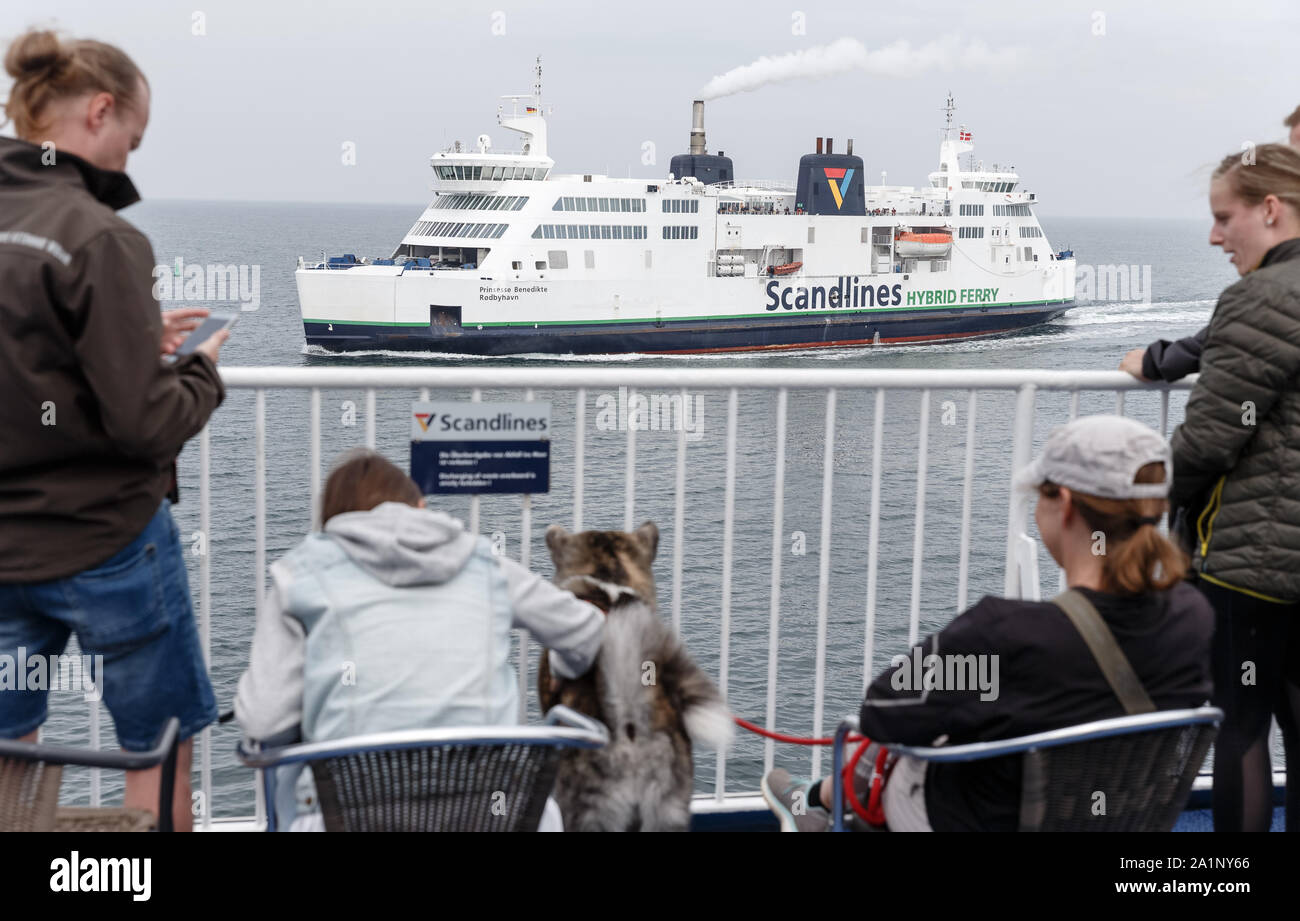 01 August 2019, Schleswig-Holstein, Puttgarden: The Scandlines ferry Prinsesse Benedikte runs on the Baltic Sea from Rödby to Puttgarden. Tunnel construction on this line is currently being planned. Photo: Markus Scholz/dpa Stock Photo