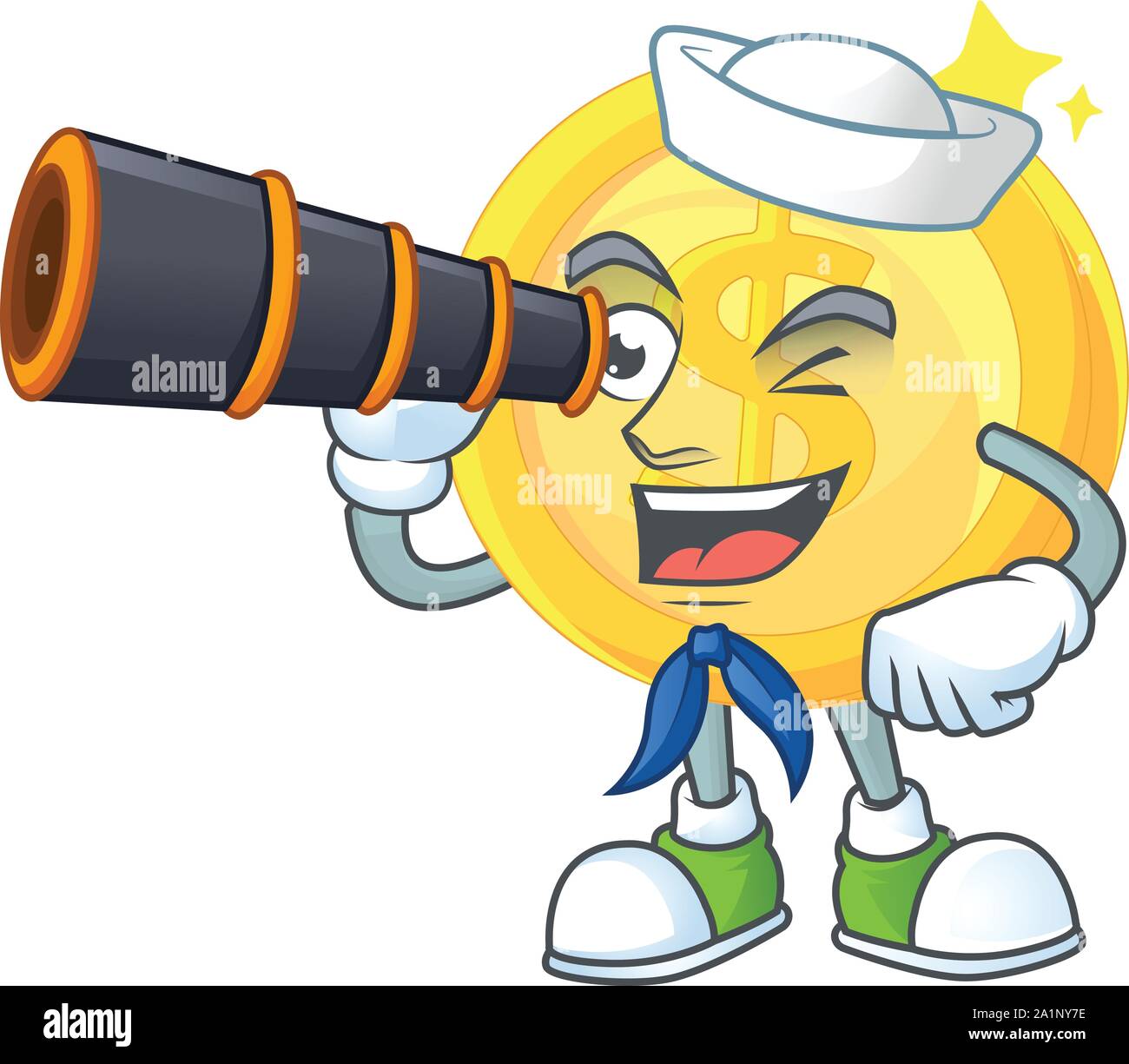 Sailor with binocular gold coin cartoon character for payment Stock ...