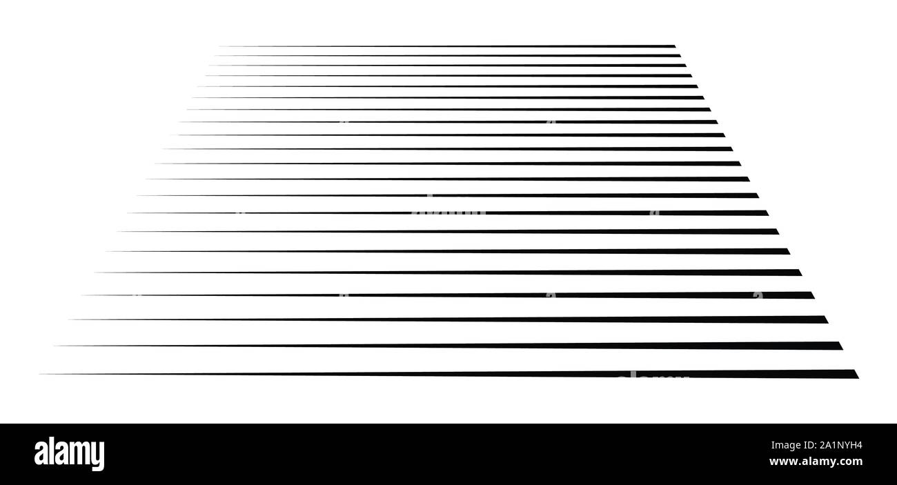 Horizontal, straight parallel lines in perspective. 3d lines, stripes pattern. Streaks, strips vanishing, diminish lines. Stock Vector
