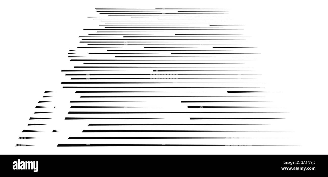 irregular lines in 3d perspective. segments stripes, streaks, strips pattern. chunks, pieces, fragments of thin lines. horizontal straight parallel st Stock Vector