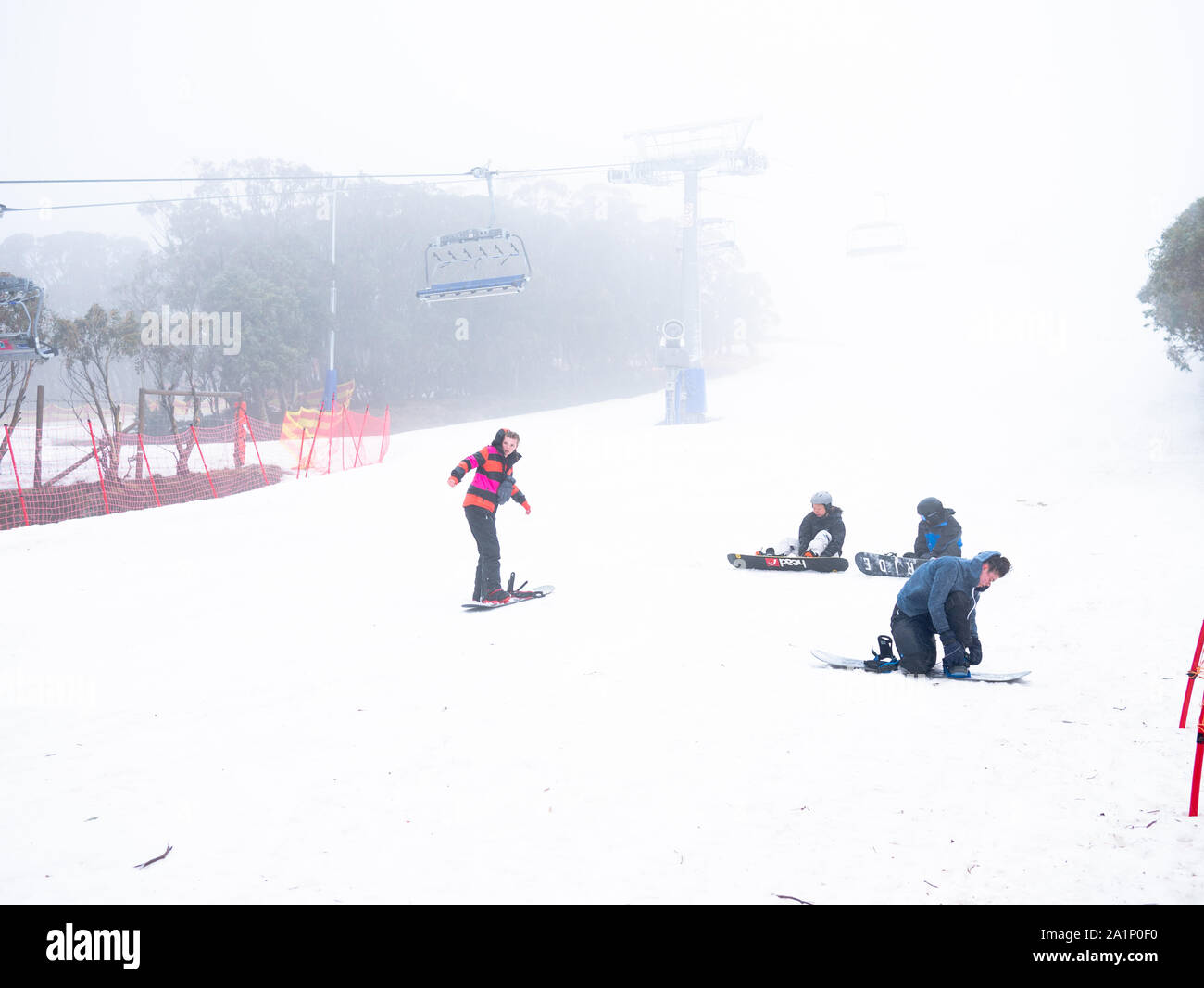 People skiing on snow in Mount Stiling Forest, Saturday 21 September 2019, Australia. Stock Photo