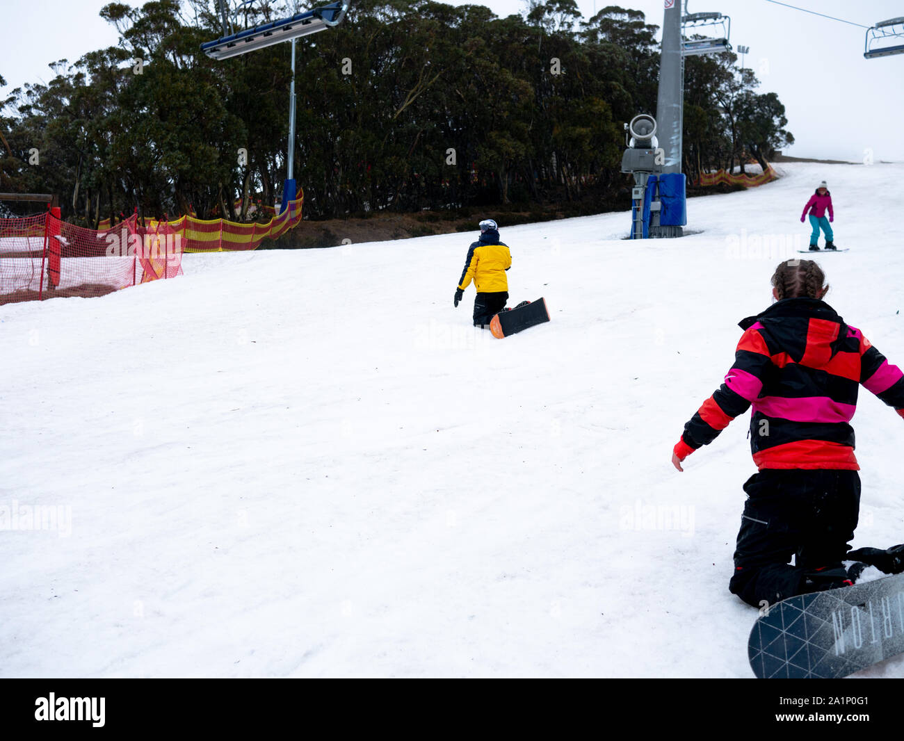 People skiing on snow in Mount Stiling Forest, Saturday 21 September 2019, Australia. Stock Photo