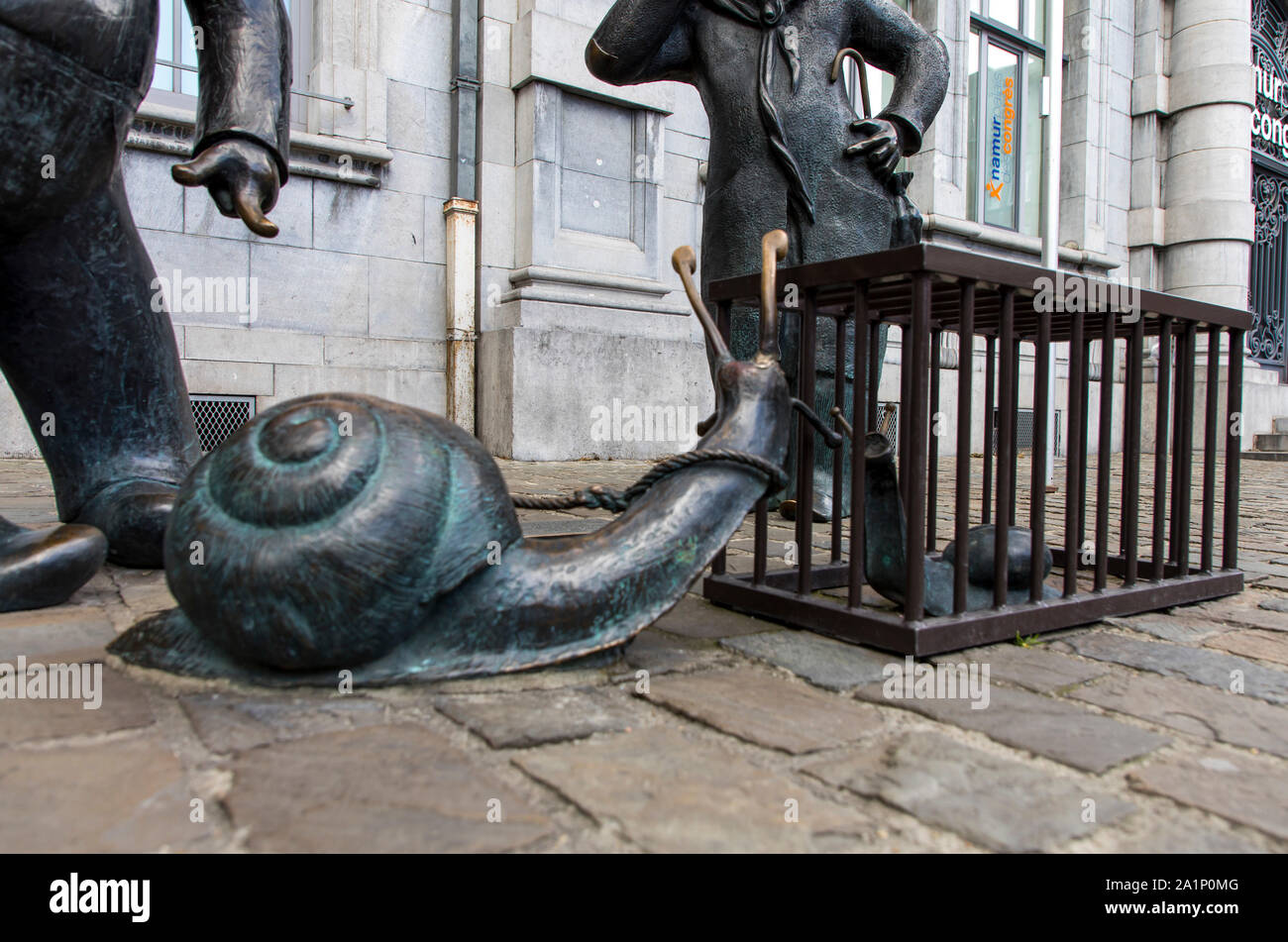 Sculpture, monument to the cartoon characters of Jean Legrand "Djoseph and  Franchwes", Namur, Belgium, Place d'Armes Stock Photo - Alamy