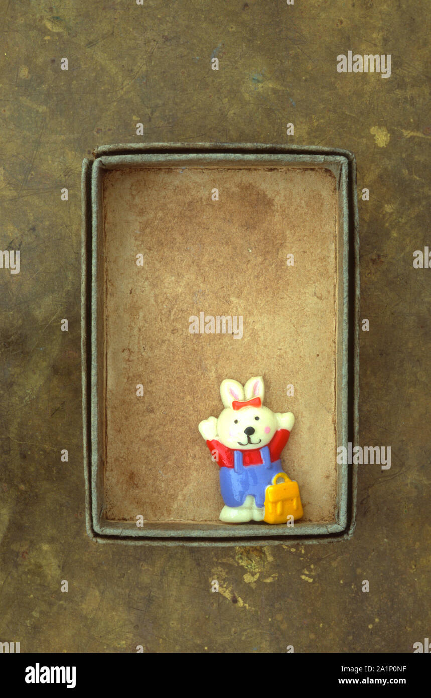 Cardboard tray containing small plastic model of white rabbit with arms up and wearing red pullover with blue jeans Stock Photo