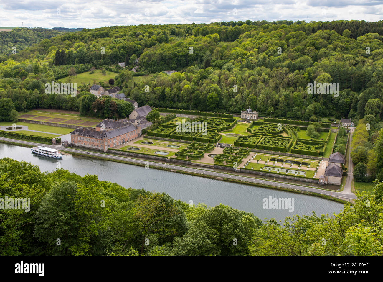 Freÿr Castle, on the Meuse in Wallonia, near Hastière , Belgium, park, Stock Photo