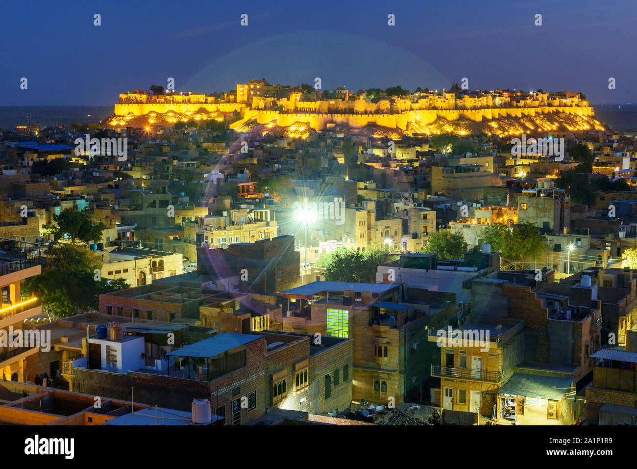 View Of Jaisalmer City And Fort At Night Rajasthan India Stock Photo 