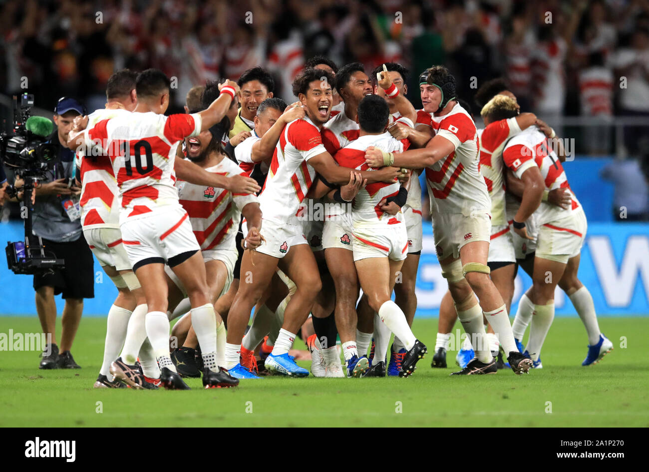 Japan celebrate victory during the 2019 Rugby World Cup match at the Shizoka Stadium Ecopa, Shizouka Prefecture, Japan. Stock Photo