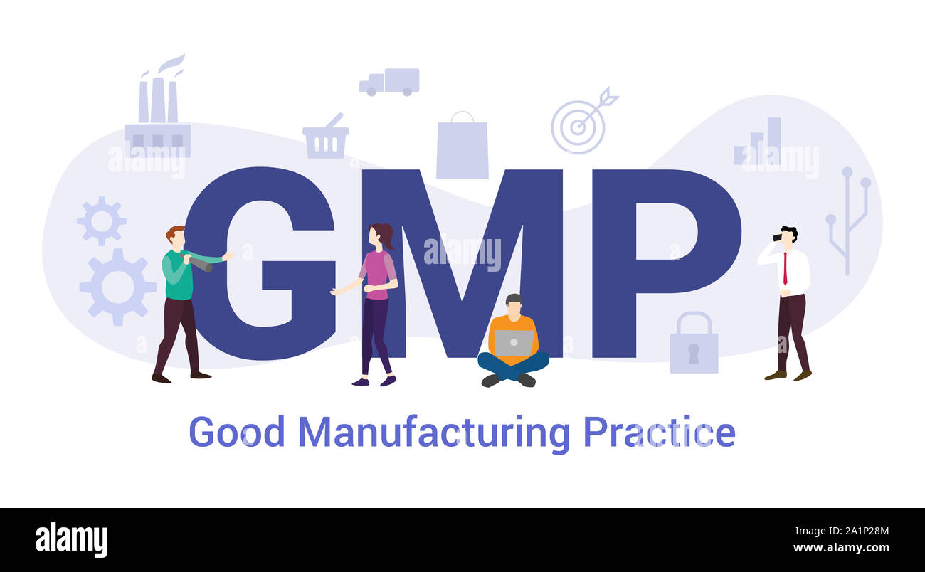 gmp good manufacturing practice concept with big word or text and team people with modern flat style - vector illustration Stock Photo
