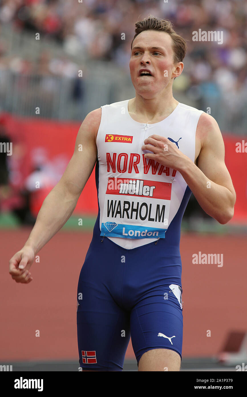 Karsten WARHOLM of Norway wins the 400M HURDLES at the Muller Anniversary games in London 2019 Stock Photo Alamy