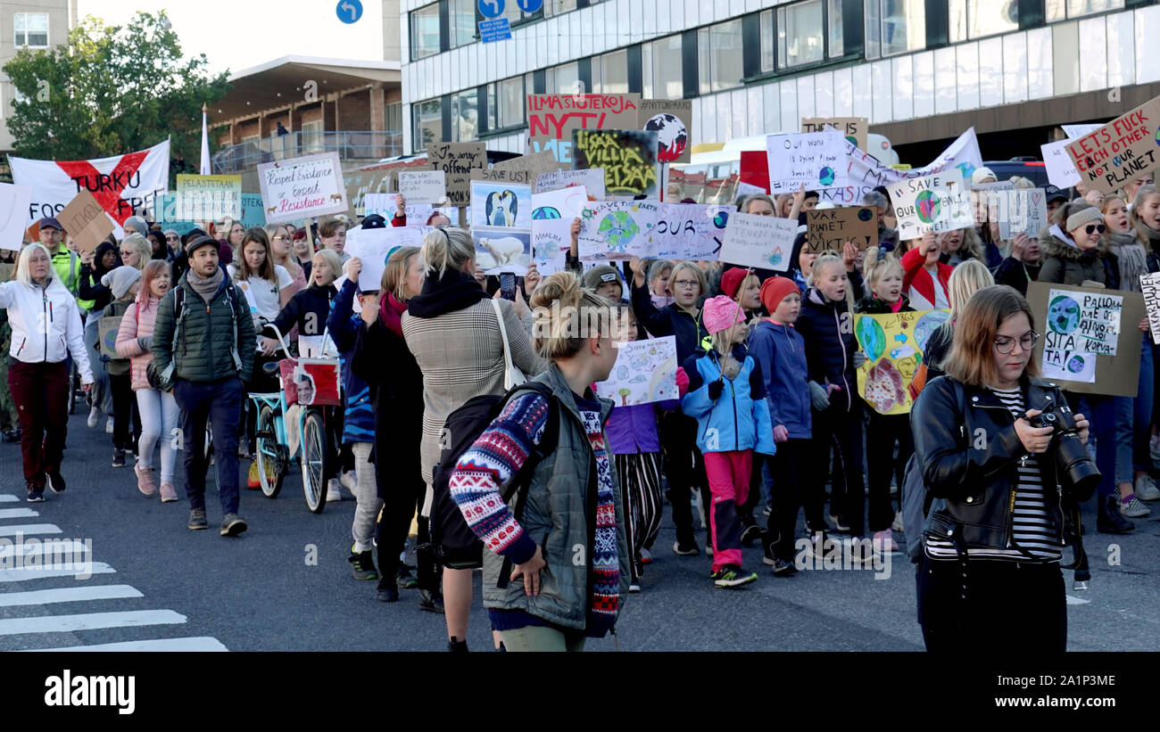 Turku, Finland - September 27, 2019: School strike for climate. Also known variously as Fridays for Future (FFF) and Youth for Climate Stock Photo