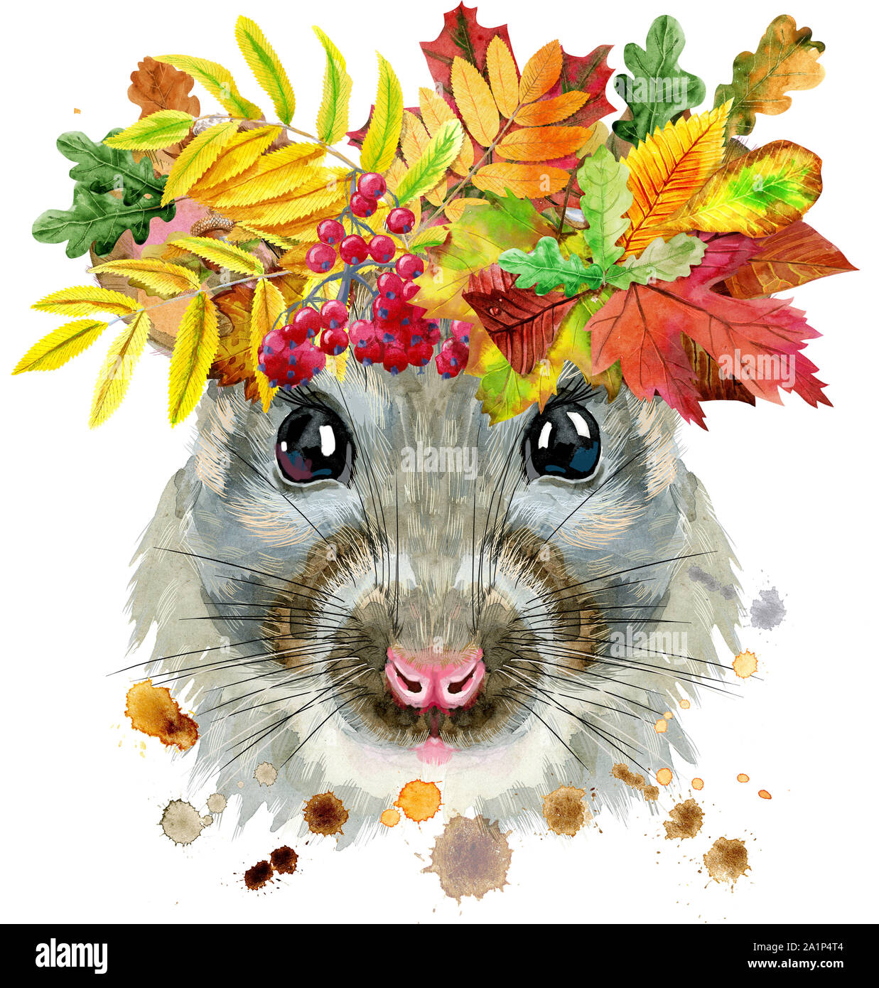 Watercolor portrait of rat with splashes with wreath of leaves Stock Photo