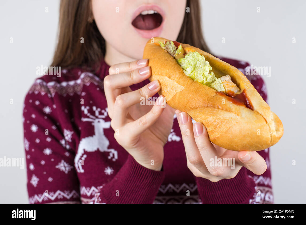 So yummy mouth watering meal dish concept. Cropped close up photo of satisfied delightful teenager start eating trying to bite large long sandwich iso Stock Photo