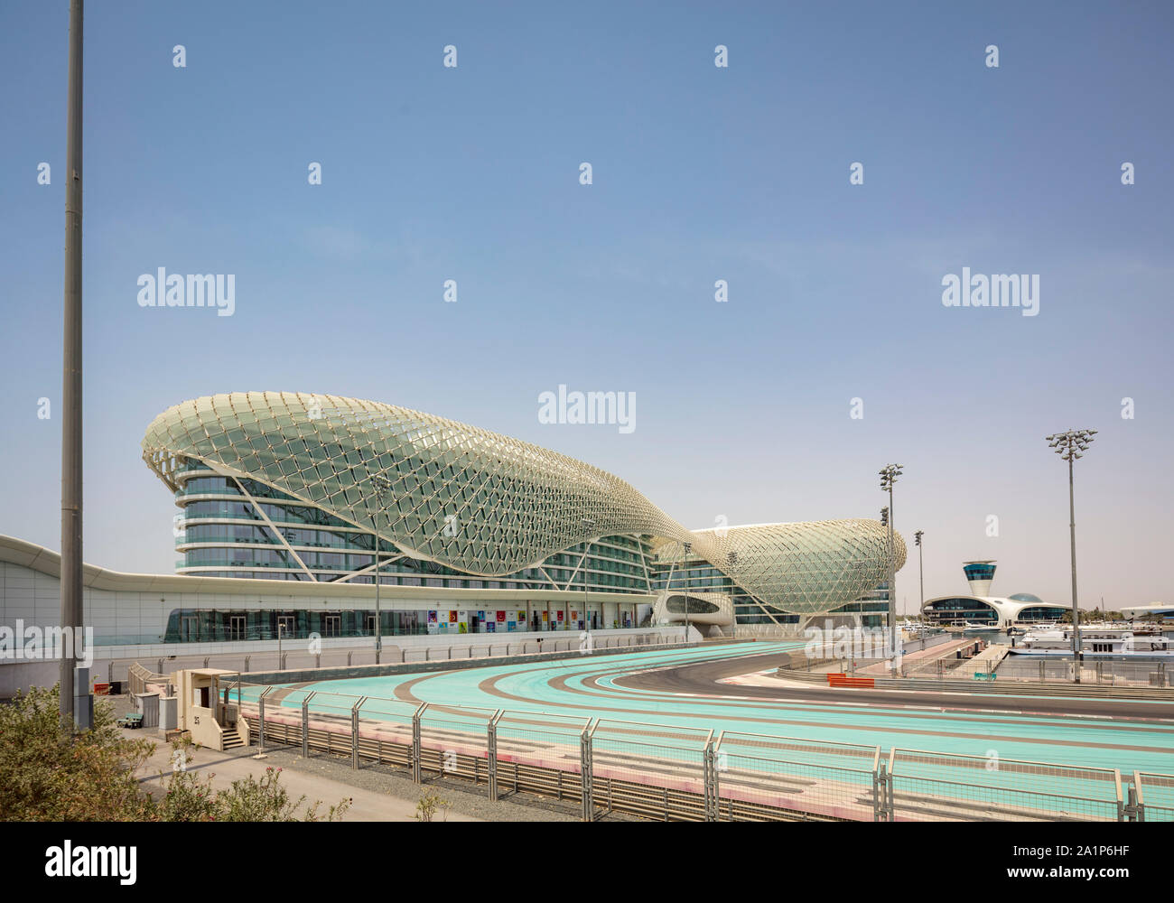 The Yas Marina Circuit, venue for the Abu Dhabi Grand Prix, and the Yas Hotel. United Arab Emirates. Stock Photo