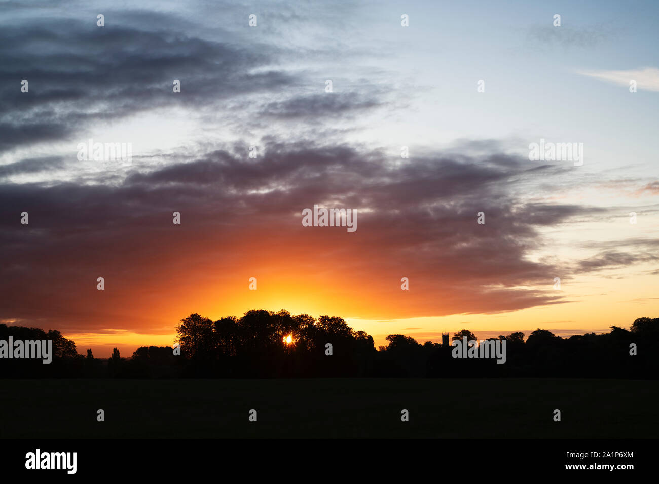 Woodstock church and trees silhouette at sunrise from Blenheim palace park. Oxfordshire, England Stock Photo