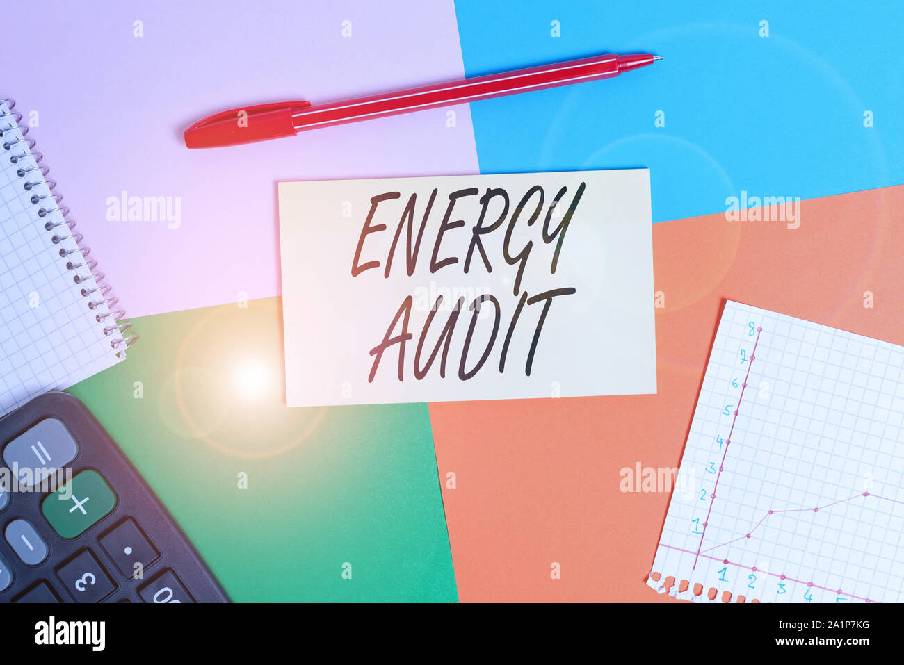 Handwriting text Energy Audit. Conceptual photo assessment of the energy needs and efficiency of a building Office appliance colorful square desk stud Stock Photo