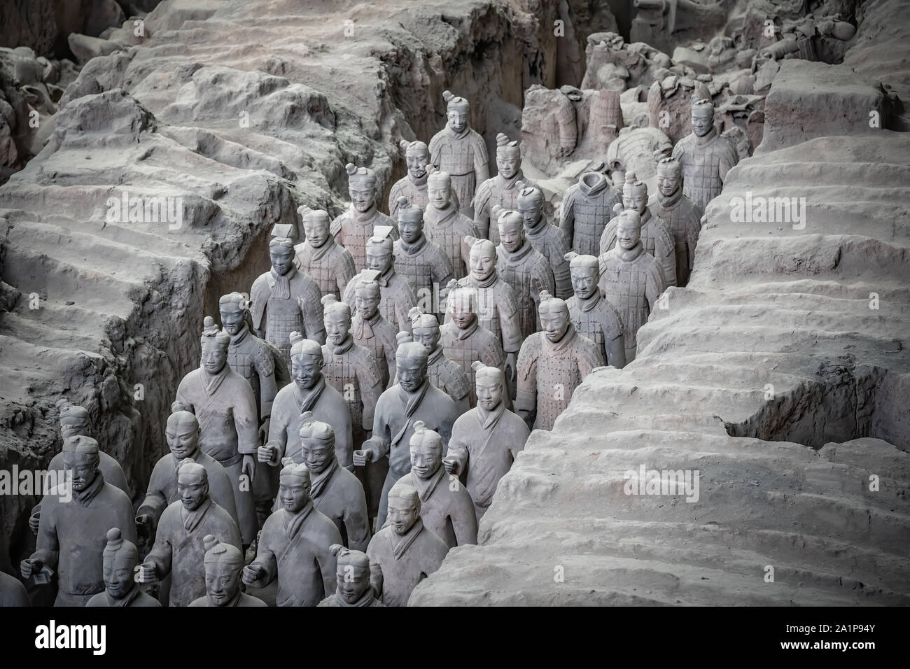 Xian, China July 2019 Standing clay soldiers forming part of an