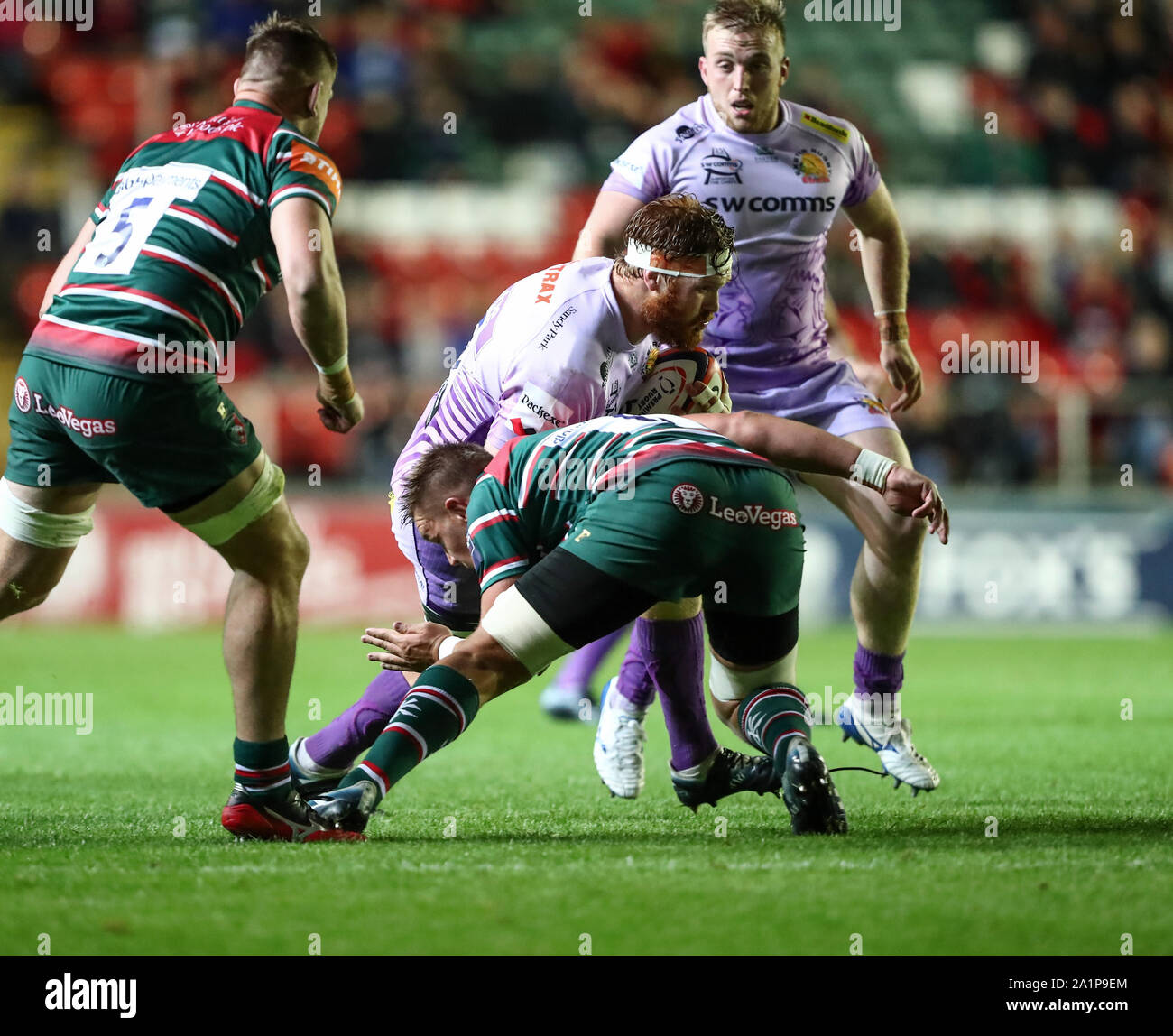 27th September 2019; Leicester, England. Jannes Kirsten on the charge for Exeter  Chiefs during the Premiership Rugby Cup game between Leicester Tigers and Exeter  Chiefs played at the Welford Road Stadium Stock