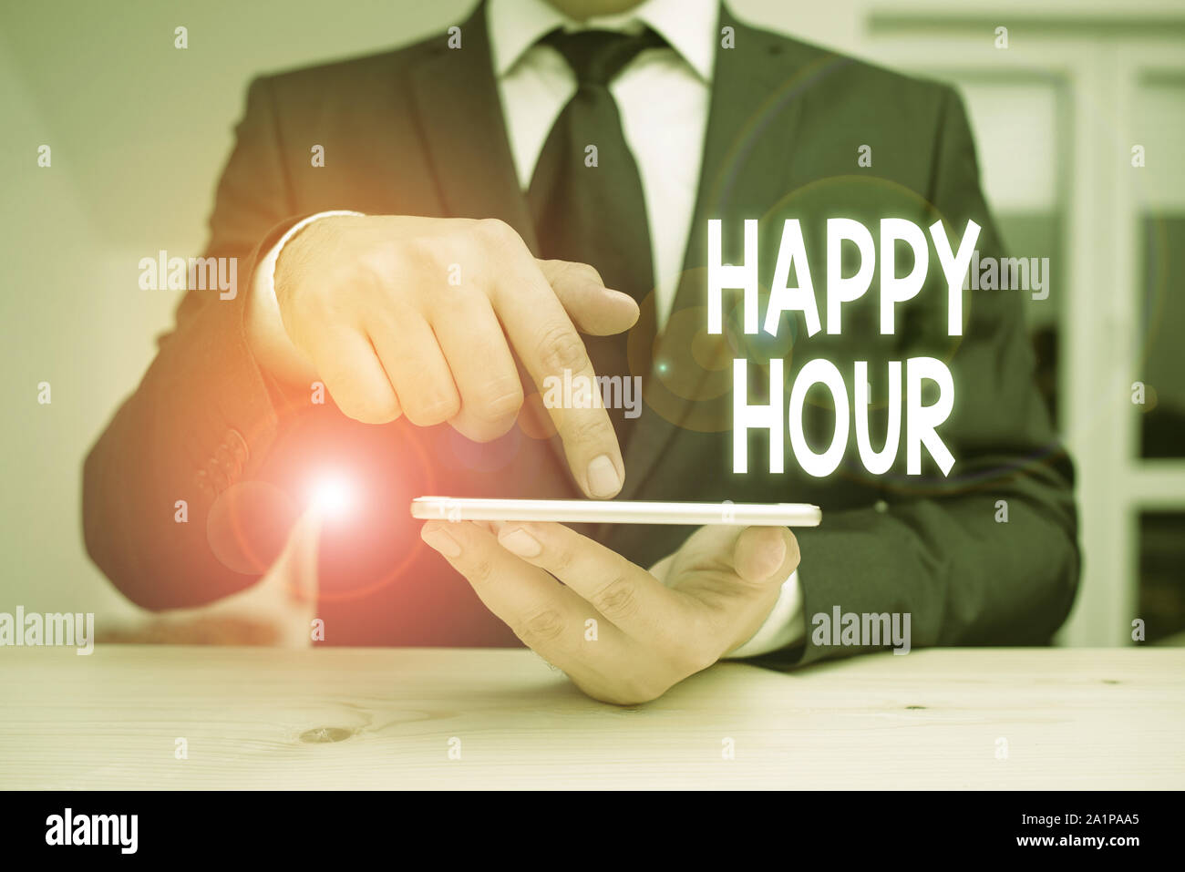 Writing note showing Happy Hour. Business concept for Spending time for activities that makes you relax for a while Stock Photo