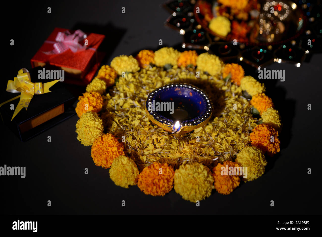 Premium Photo | Marigold flower rangoli design for diwali festival , indian  festival flower decoration