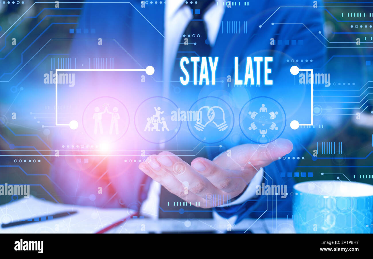 Text sign showing Stay Late. Business photo showcasing A routine in