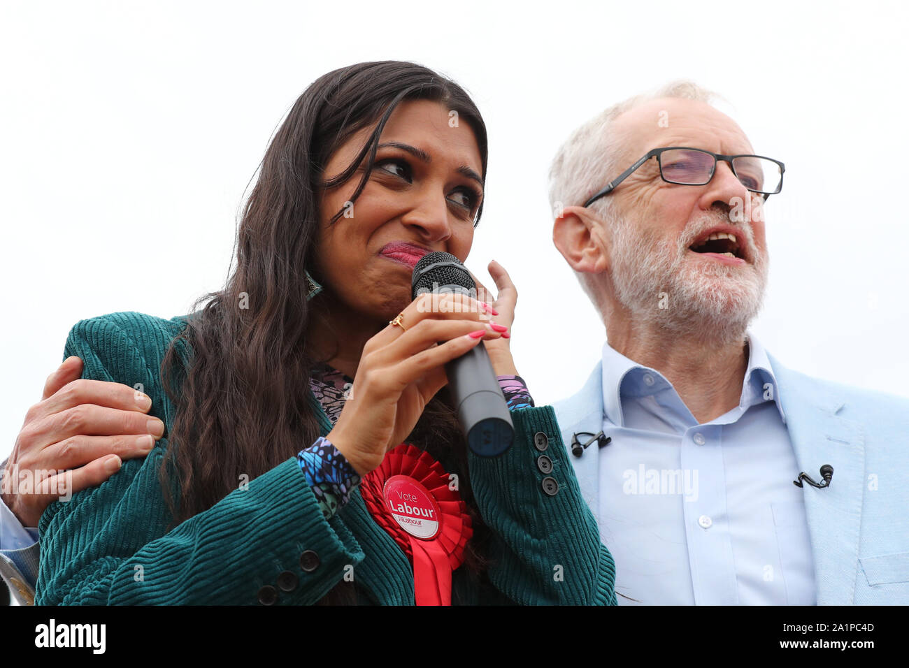 Labour leader Jeremy Corbyn, with Labour Party parliamentary candidate for Chingford and Woodford Green Faiza Shaheen, during a visit to Chingford, where he announced that Labour plans to scrap Universal Credit and replace the Tories' flagship welfare reforms with a social security system to support jobseekers 'with dignity and respect'. Stock Photo