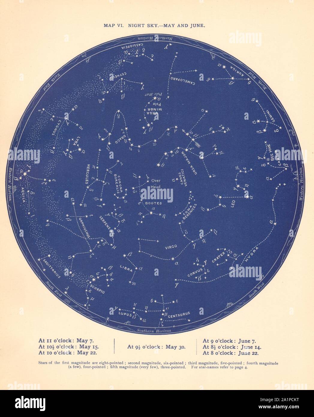 STAR MAP VI. The Night Sky. May-June. Astronomy. PROCTOR 1887 old antique Stock Photo