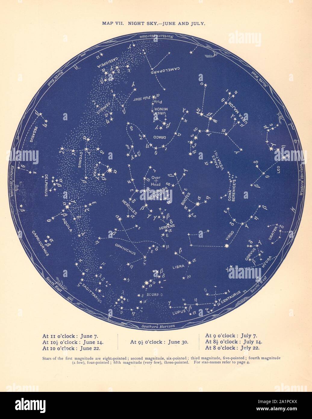 Night Sky Map Today Star Map Vii. The Night Sky. June-July. Astronomy. Proctor 1887 Old Stock  Photo - Alamy