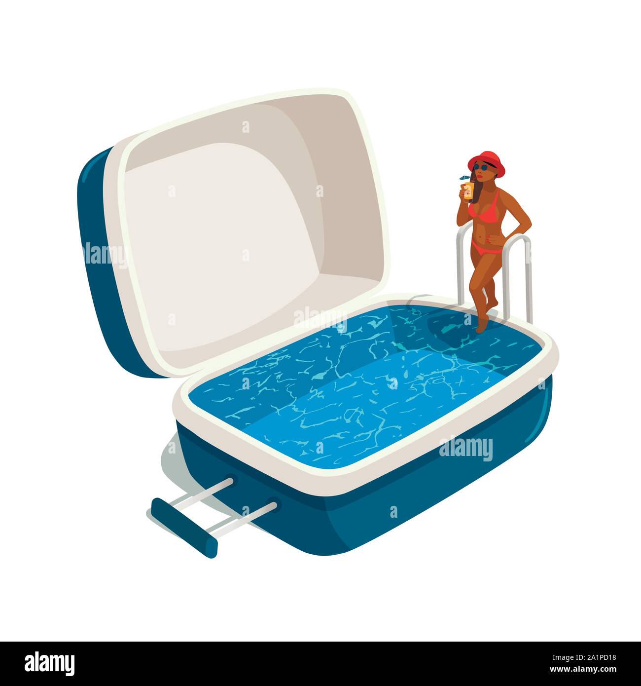 Vector illustration of young woman with a cocktail, stepping into the swimming pool in the open suitcase. Travel concept Stock Vector