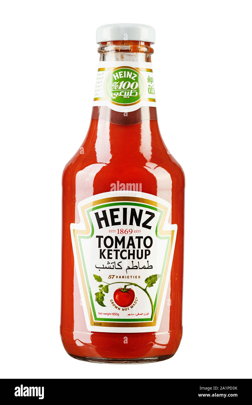 Kyiv, Ukraine - September 4, 2019 Heinz tomato ketchup sauce . The company was founded in 1869 by Henry John Heinz. Clipping path. Stock Photo