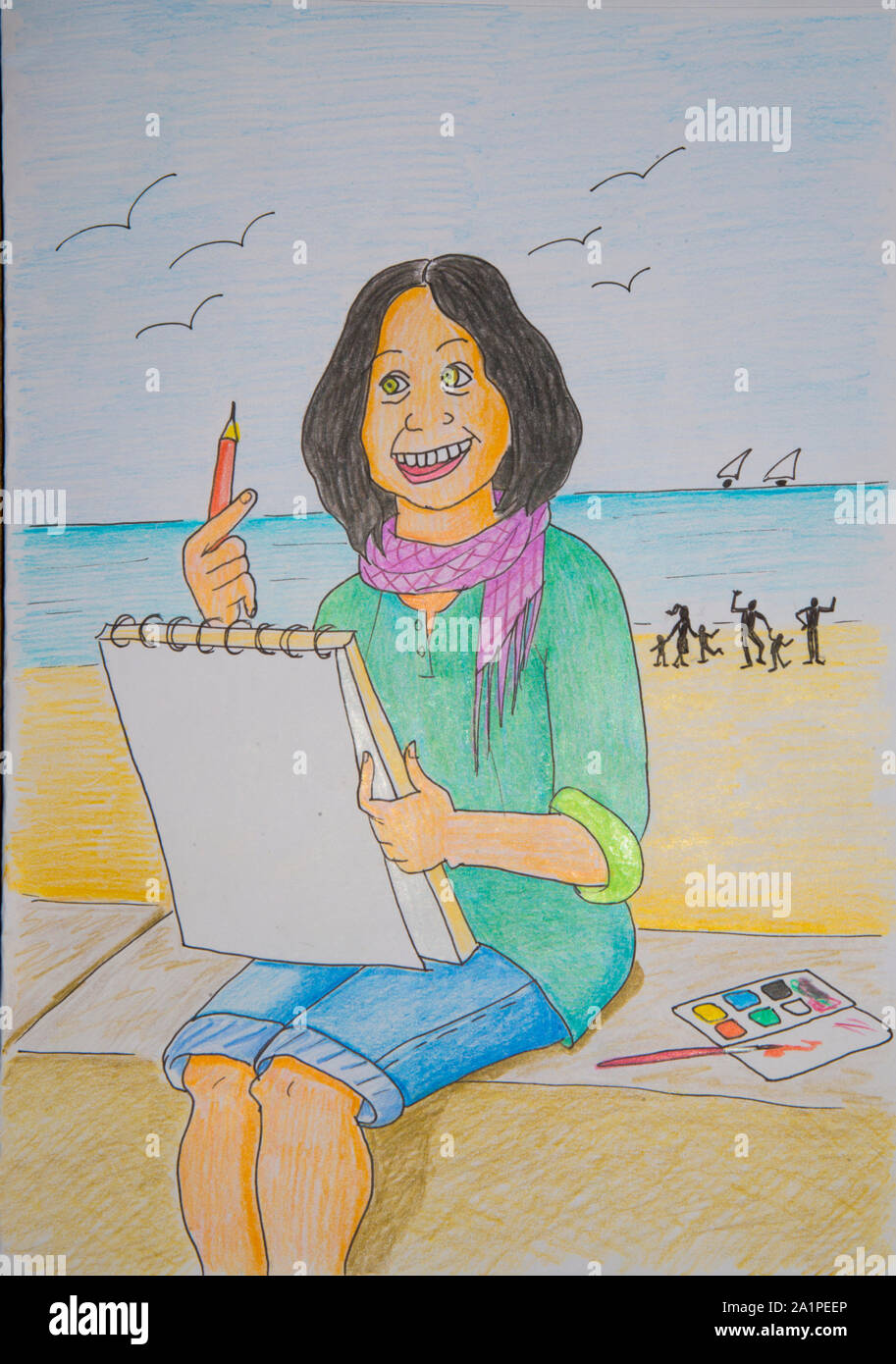 Woman drawing in the beach. Illustration. Stock Photo