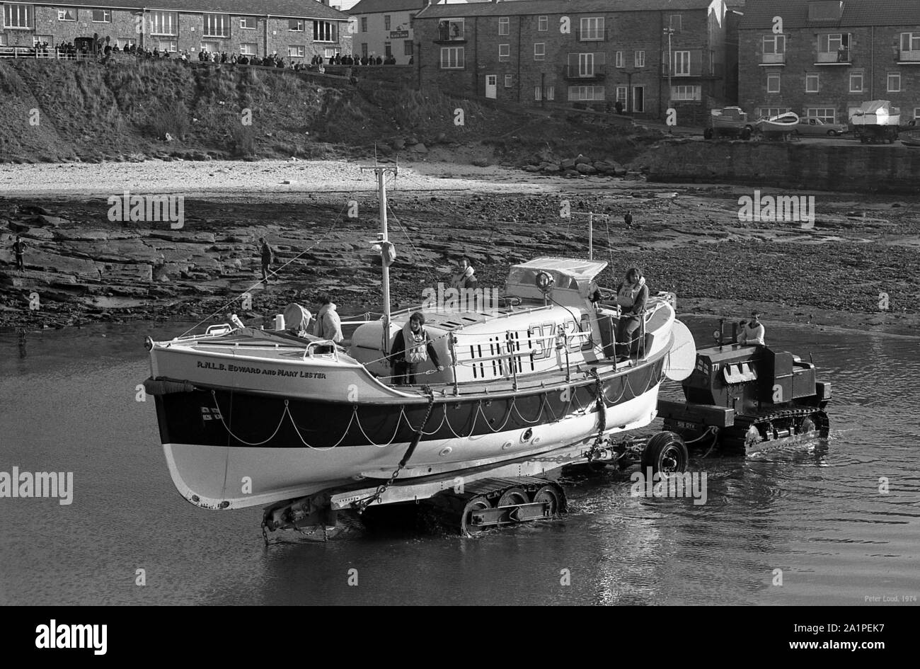 RNLI Lifeboat, Edward and Mary Lester, being launched, Seahouses, Northumberland, c.1972 Stock Photo
