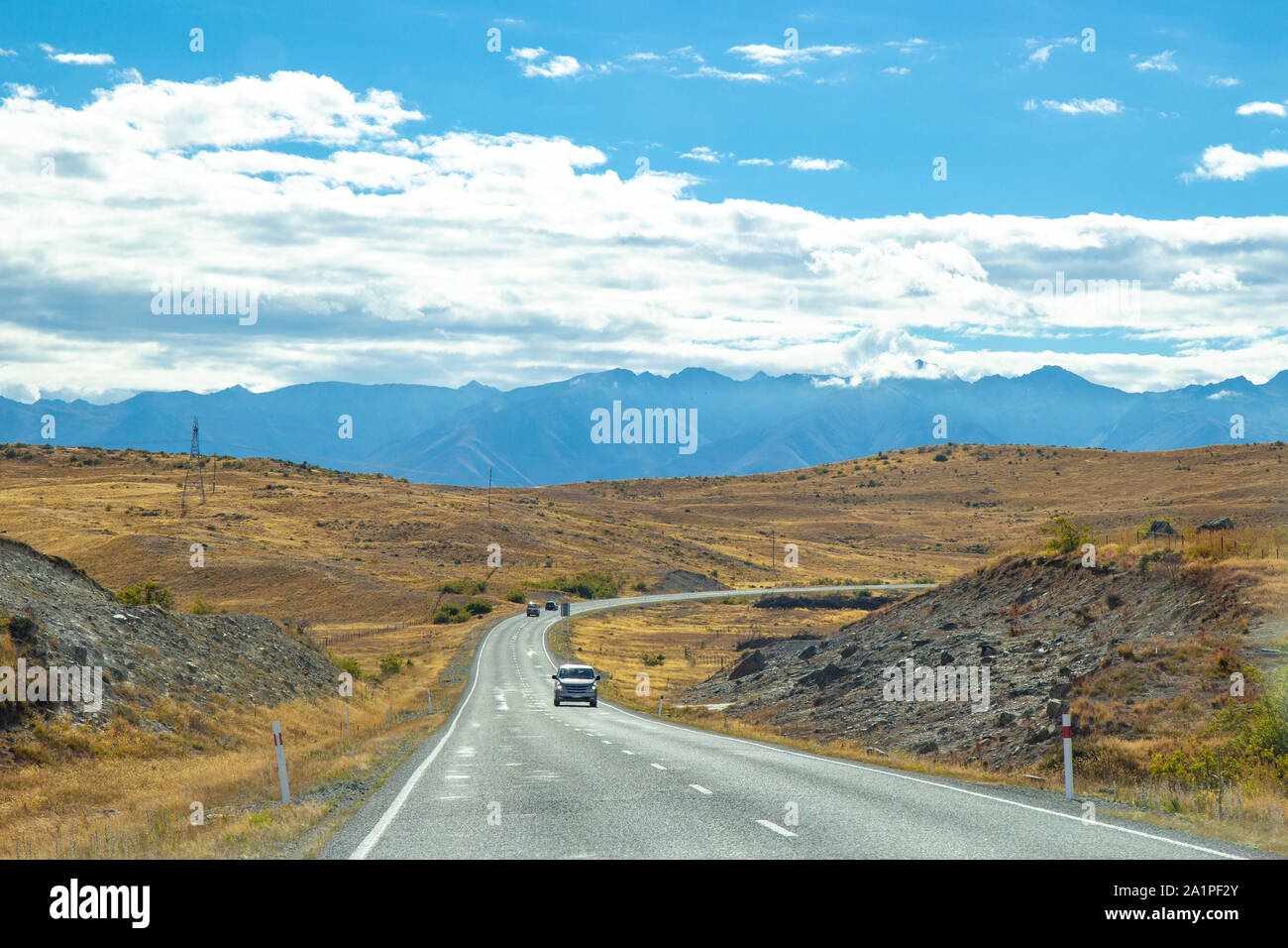 asphalt road through Canterbury region of New Zealand Stock Photo