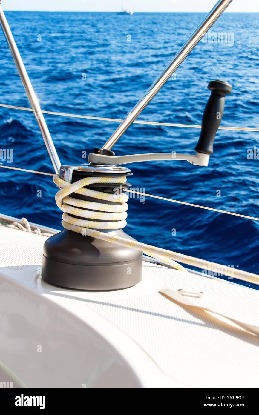 Sailboat Winch and Rope Yacht detail. Yachting. Sailing on the sea