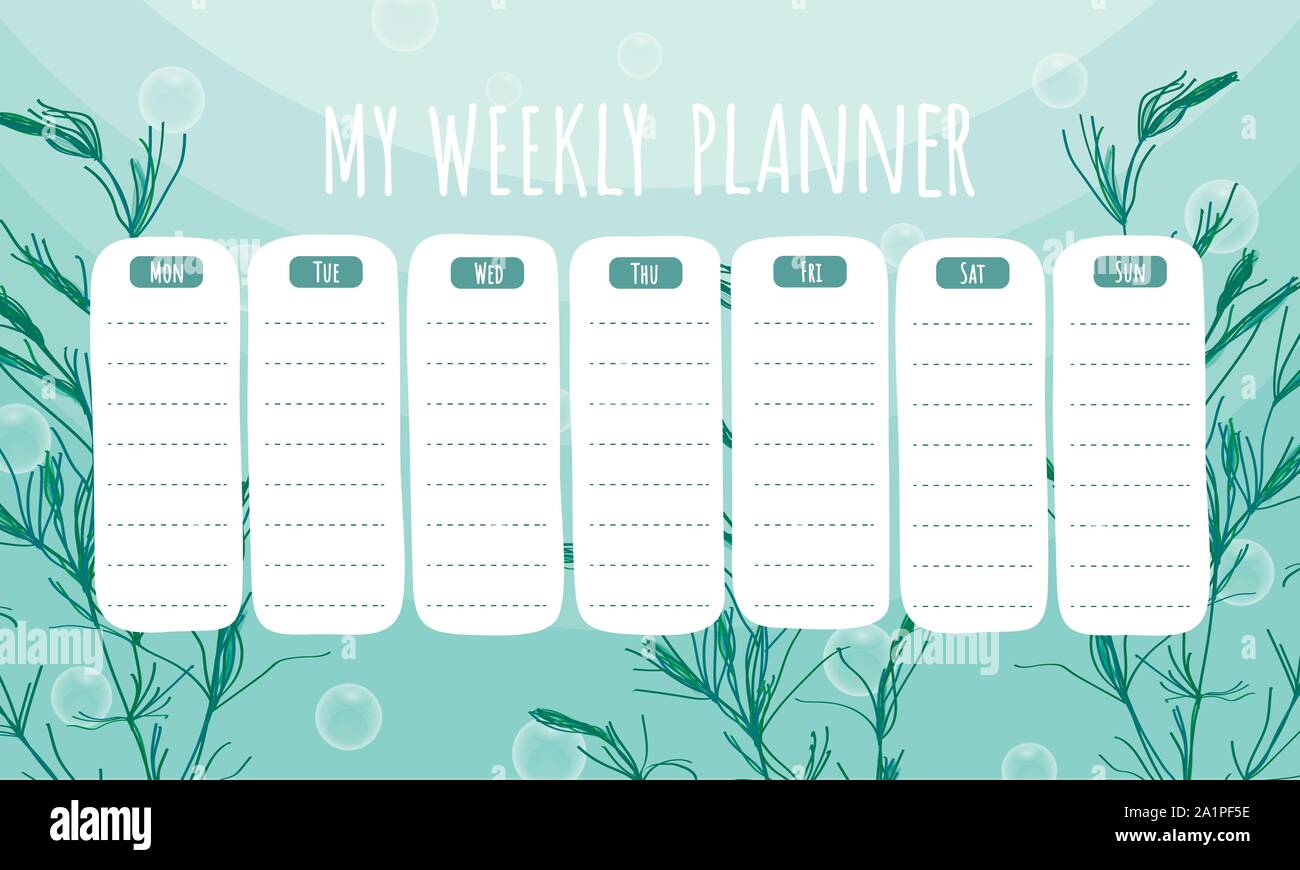 Marine life weekly planner with seaweeds.  Vector stationary template Stock Vector