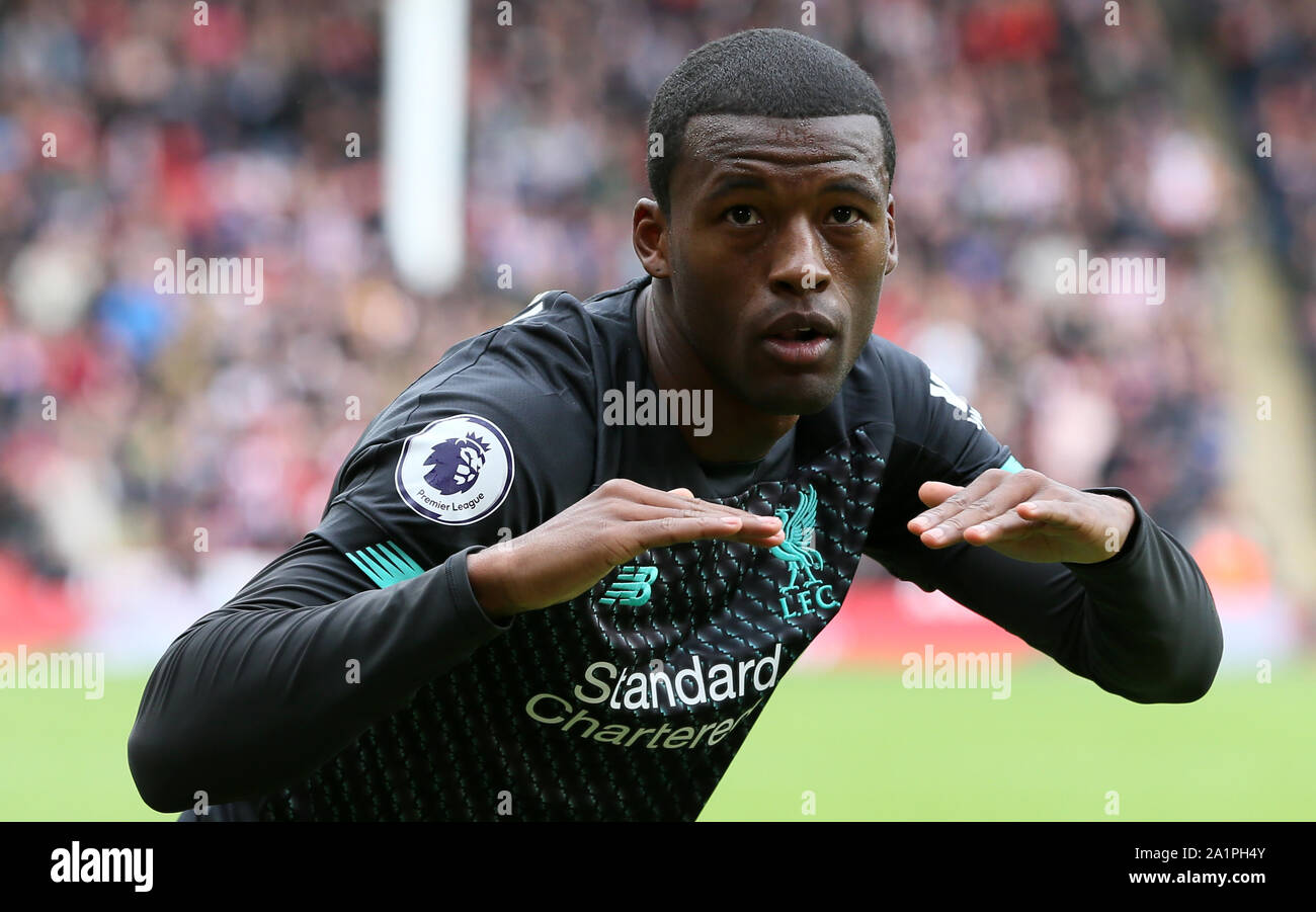 Liverpool S Georginio Wijnaldum Celebrates Scoring His Side S First Goal Of The Game During The Premier League Match At Bramall Lane Sheffield Stock Photo Alamy