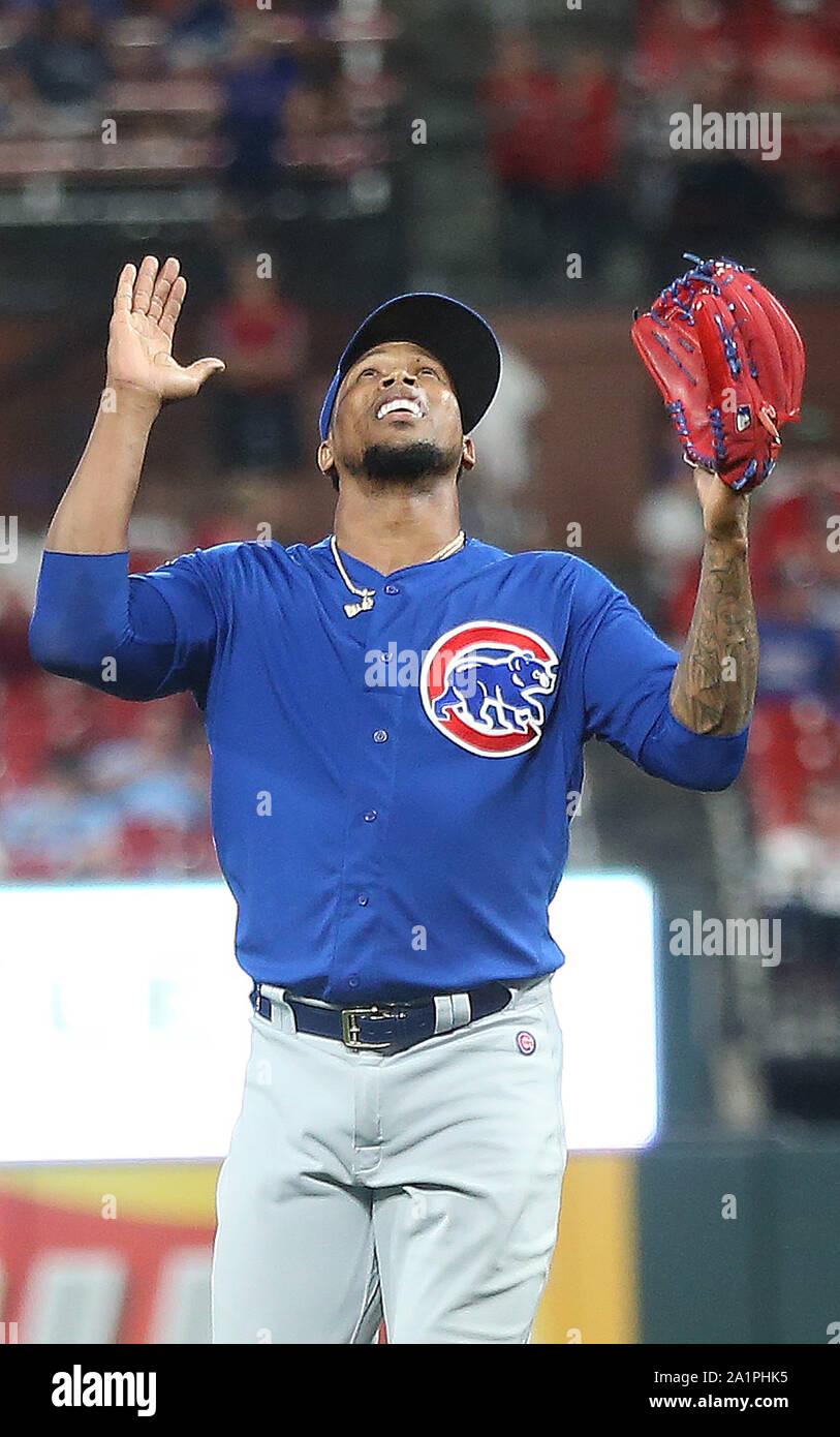 St. Louis, United States. 28th Sep, 2019. Chicago Cubs pitcher Pedro Strop looks skyward after recording his 500th career strikeout in the eighth inning against the St. Louis Cardinals at Busch Stadium in St. Louis on Friday, September 27, 2019. Chicago defeated St. Louis 8-2. Photo by BIll Greenblatt/UPI Credit: UPI/Alamy Live News Stock Photo