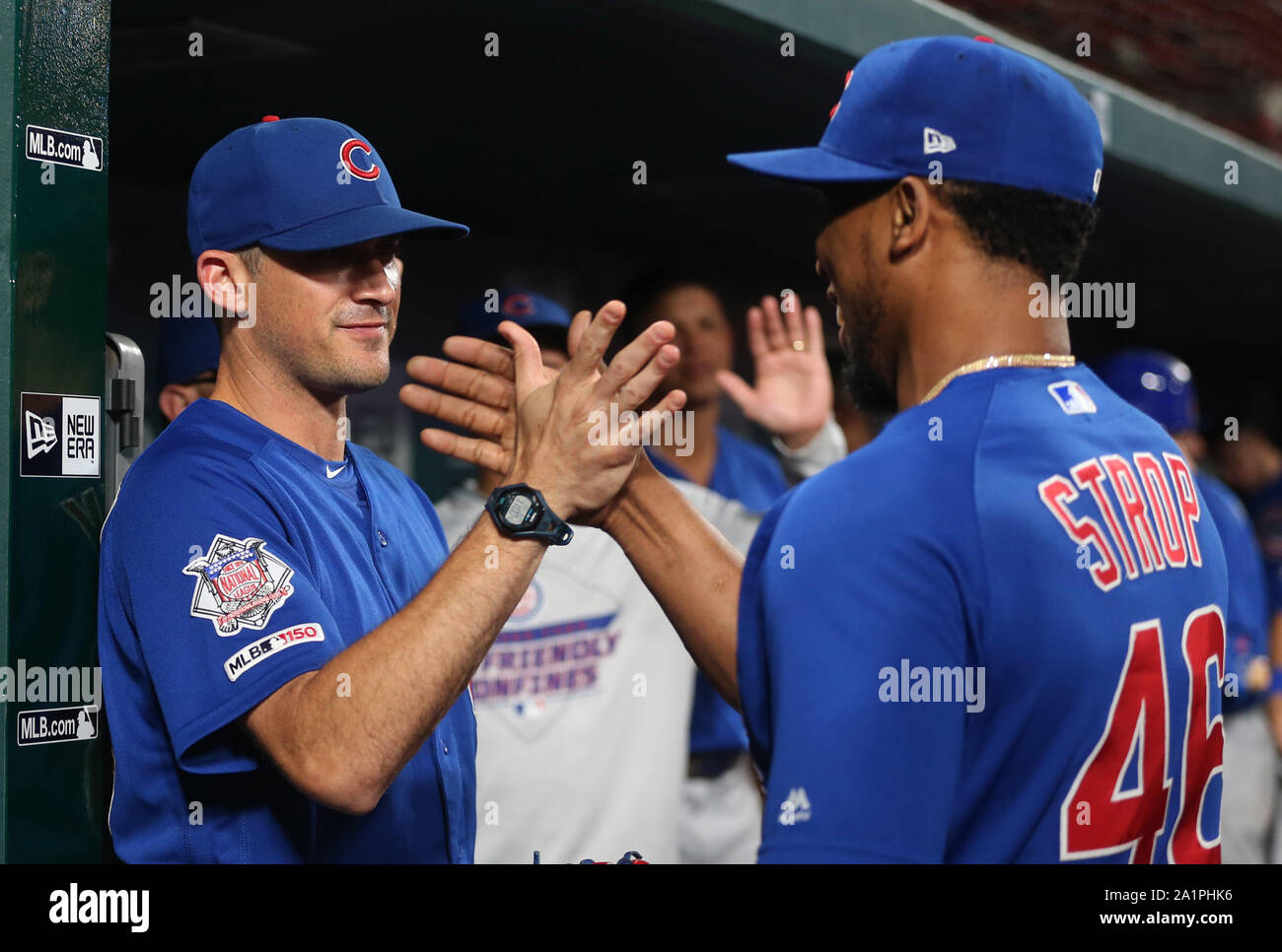 St. Louis, United States. 28th Sep, 2019. Chicago Cubs pitcher Pedro Strop (R) is congratulated by coach Tommy Hottovy, after recording his 500th career strikeout in the eighth inning against the St. Louis Cardinals at Busch Stadium in St. Louis on Friday, September 27, 2019. Chicago defeated St. Louis 8-2. Photo by BIll Greenblatt/UPI Credit: UPI/Alamy Live News Stock Photo