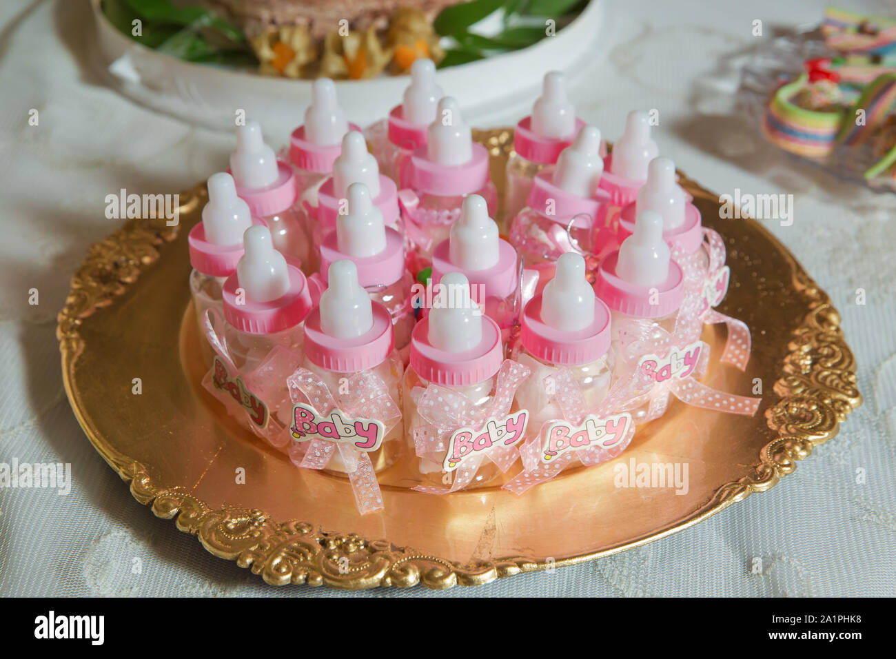 Abstract of close view of infant milk bottle candy . Baby bottle candy