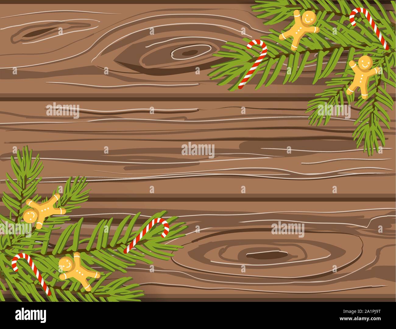 Hand drawn Christmas vector background, brown wooden texture with christmas tree branches, candy canes and gingerbread men Stock Vector