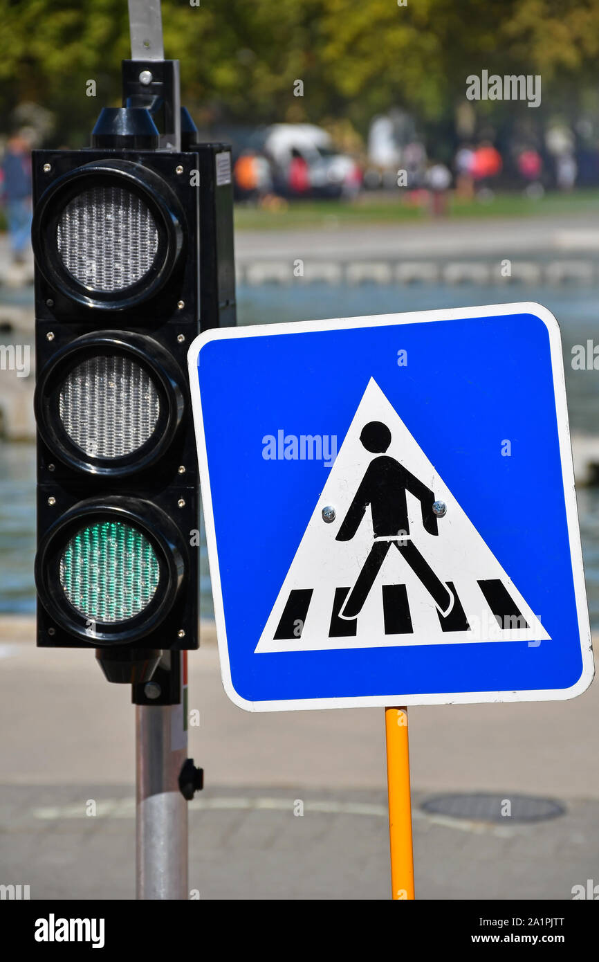 Pedestrian crossing traffic sign and lights Stock Photo Alamy