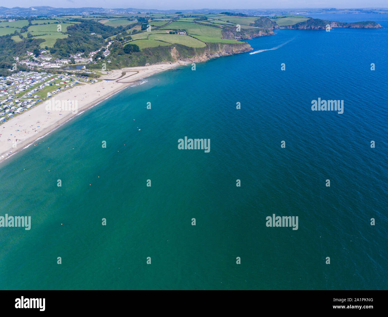 Aerial view of Pentewan Sands beach in Cornwall Stock Photo