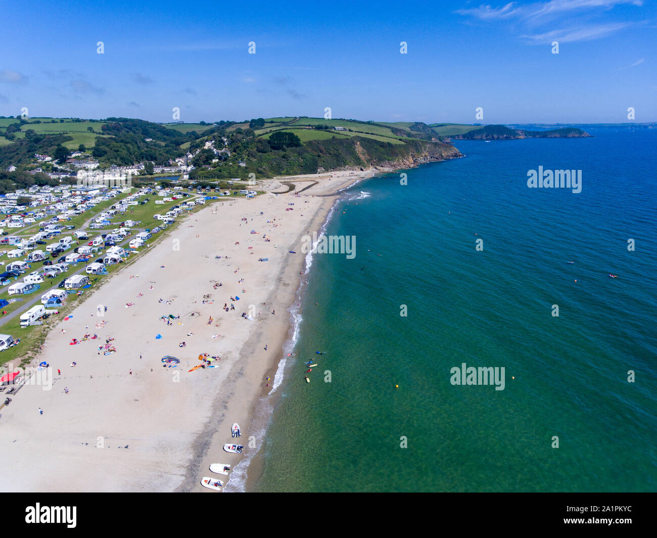 Aerial view of Pentewan Sands beach in Cornwall Stock Photo