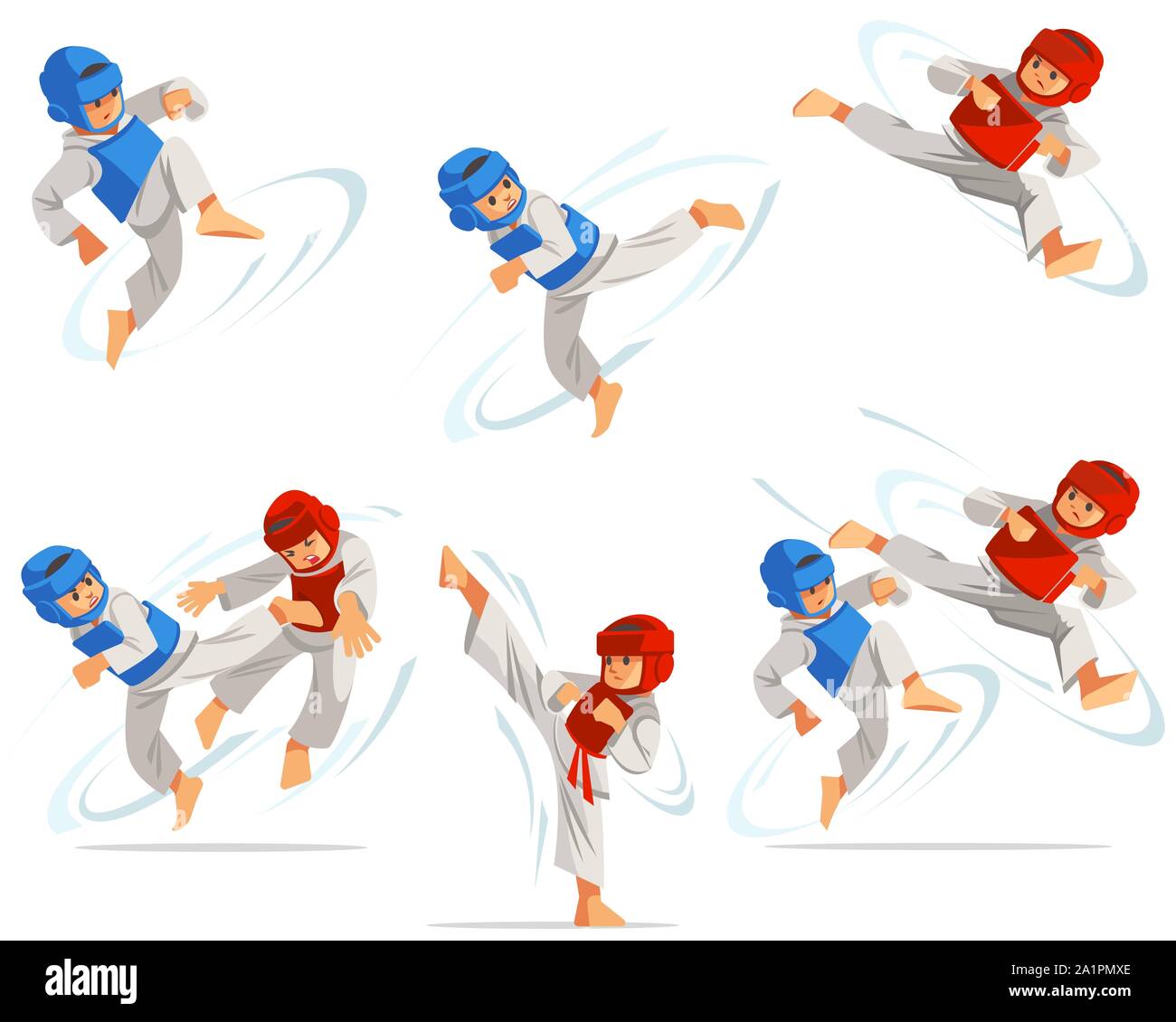 Set of taekwondo boys characters in different positions. Character set ...